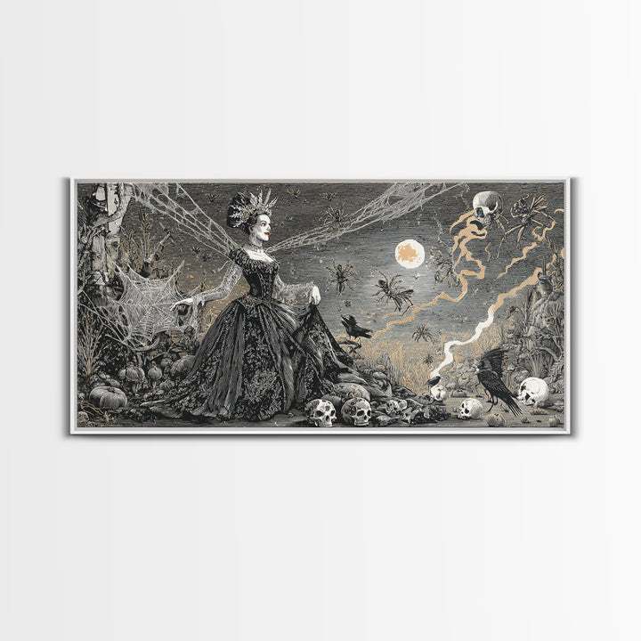 The Spider Queen, Macabre Folk Print Art, Wide Panoramic Art, Dark Halloween Decor, Canvas Print, Halloween Wall Art