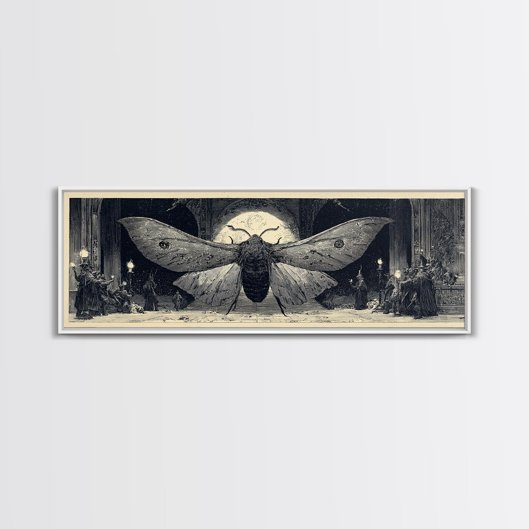 The Red-Eyed Moth Creature, Renaissance Engraving Art, Extra Wide Wall Art, Dark Halloween Decor, Canvas Print, Halloween Wall Art