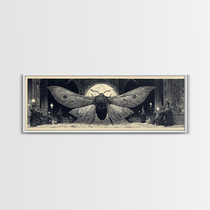 The Red-Eyed Moth Creature, Renaissance Engraving Art, Extra Wide Wall Art, Dark Halloween Decor, Canvas Print, Halloween Wall Art