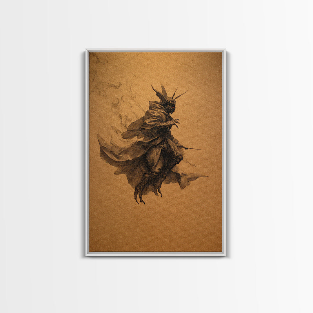 The Red-Eyed Moth Creature, Baroque Witchcraft Art, Vertical Wall Art, Dark Halloween Decor, Canvas Print, Halloween Wall Art
