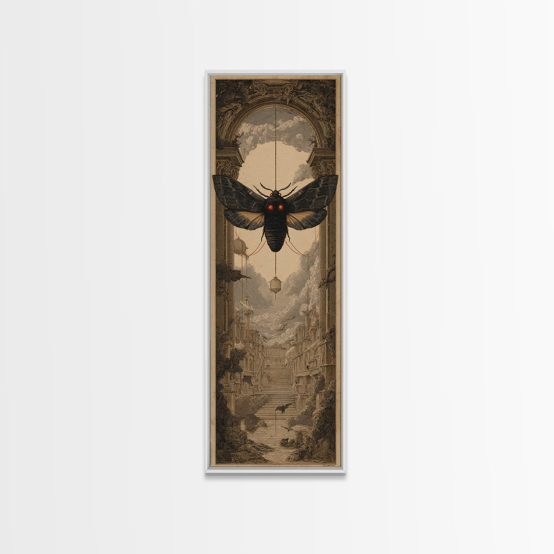 The Red-Eyed Moth Creature, Architectural Etching Art, Tall Narrow Wall Art, Macabre Wall Art, Canvas Print, Horror Wall Art