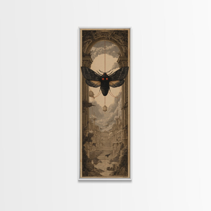 The Red-Eyed Moth Creature, Architectural Etching Art, Tall Narrow Wall Art, Macabre Wall Art, Canvas Print, Horror Wall Art