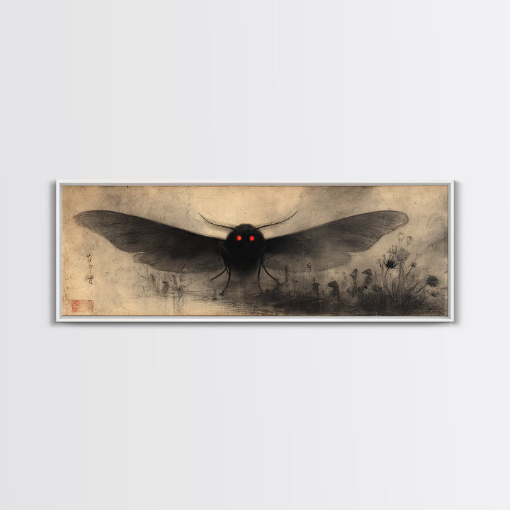 The Red-Eyed Moth Creature, Symbolist Dream Art, Extra Wide Wall Art, Gothic Horror Wall Art, Framed Canvas Print, Halloween Wall Art