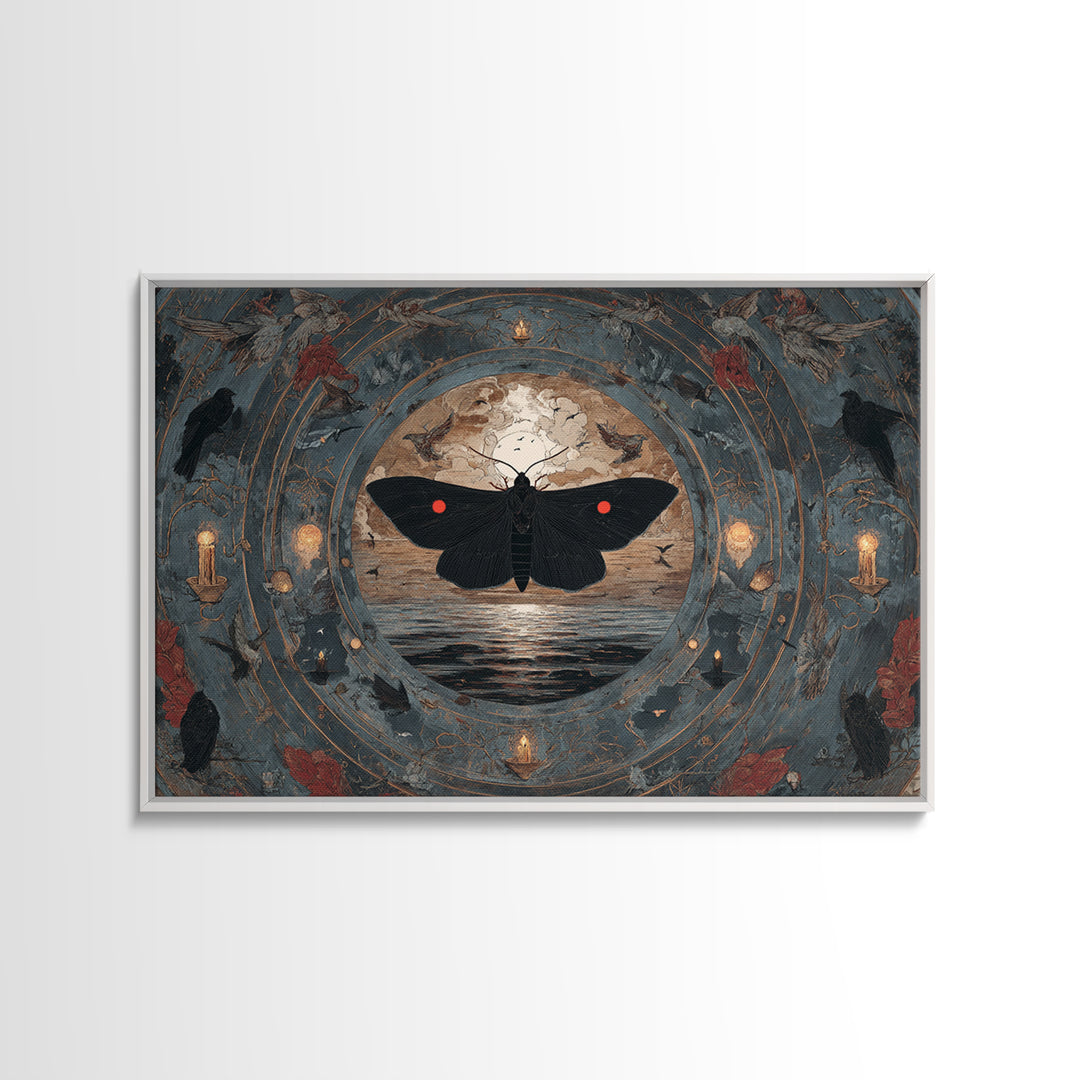 The Red-Eyed Moth Creature, Symbolist Gothic Landscape, Landscape Wall Art, Dark Halloween Decor, Framed Canvas Print, Halloween Wall Art