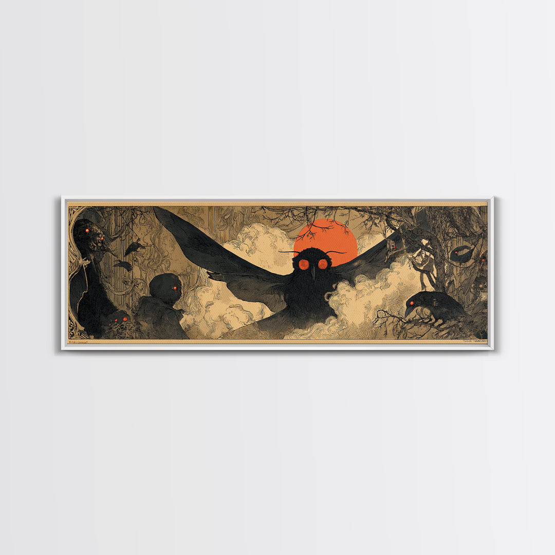 The Red-Eyed Moth Creature, Decadent Gothic Art, Extra Wide Wall Art, Dark Halloween Decor, Canvas Print, Halloween Wall Art