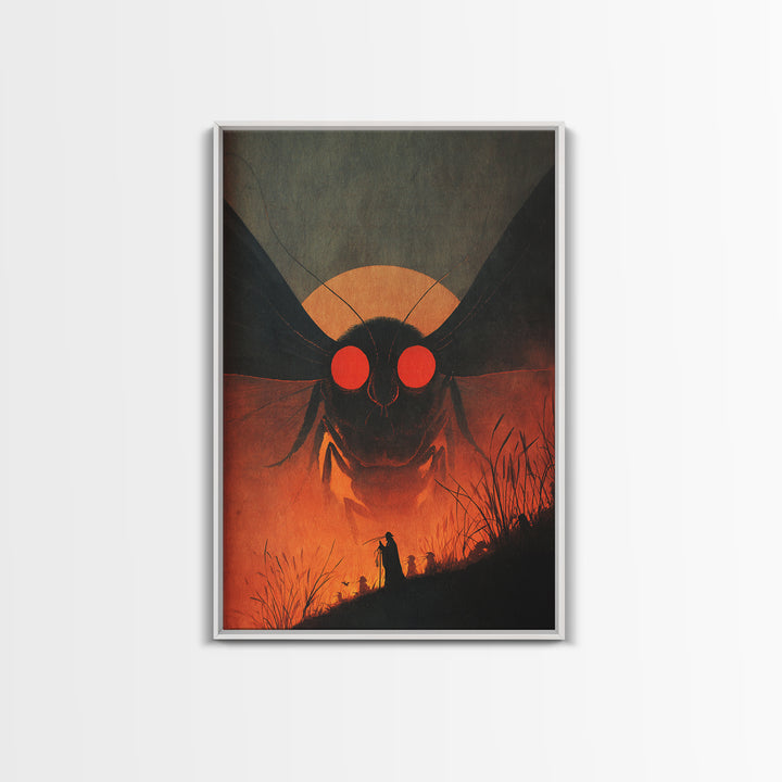 The Red-Eyed Moth Creature, Symbolist Etching Art, Vertical Wall Art, Dark Halloween Decor, Framed Canvas Print, Halloween Wall Art