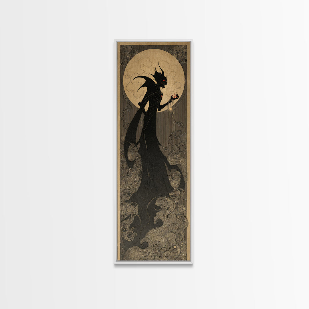 The Red-Eyed Moth Creature, Decadent Line Art, Tall Narrow Wall Art, Gothic Horror Wall Art, Framed Canvas Print