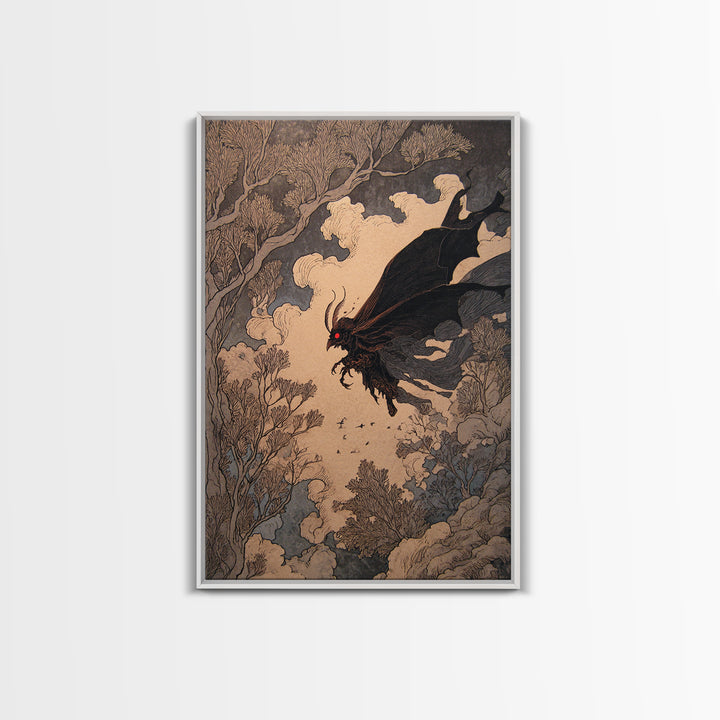 The Red-Eyed Moth Creature, Gothic Storybook Art, Vertical Wall Art, Macabre Wall Art, Canvas Print, Halloween Wall Art