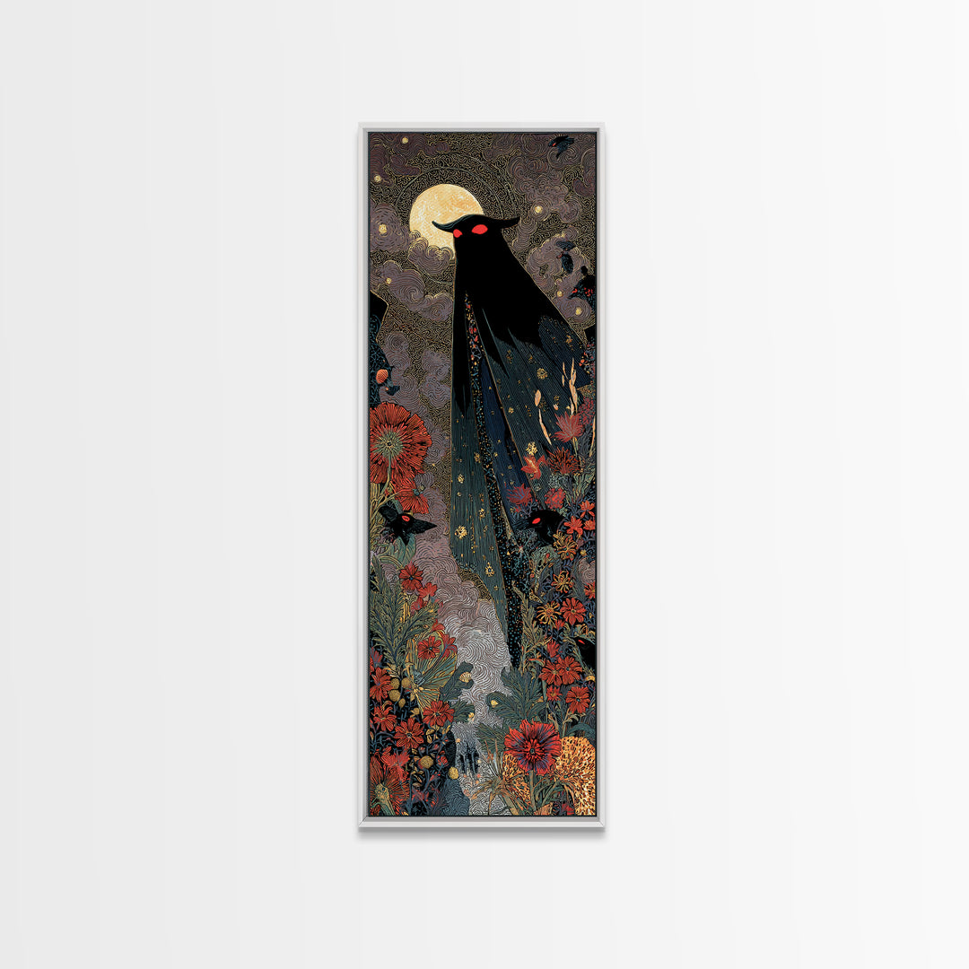 The Red-Eyed Moth Creature, Stained Glass Gothic Art, Tall Narrow Wall Art, Dark Halloween Decor, Framed Canvas Print, Halloween Wall Art