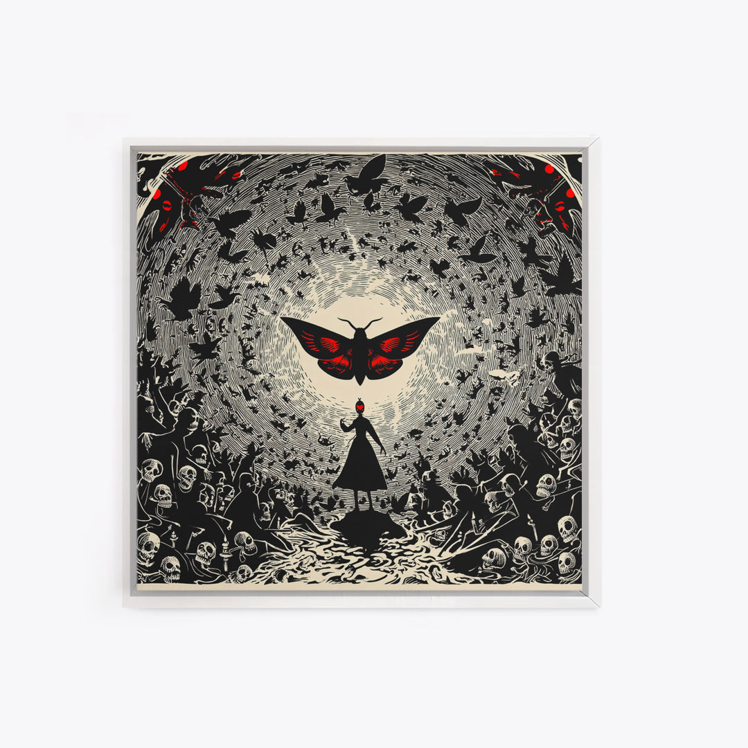 The Red-Eyed Moth Creature, Macabre Folk Print Art, Square Wall Art, Dark Halloween Decor, Canvas Print, Halloween Wall Art