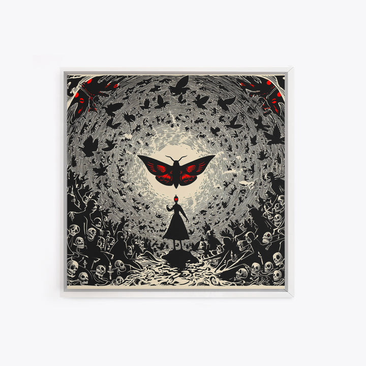 The Red-Eyed Moth Creature, Macabre Folk Print Art, Square Wall Art, Dark Halloween Decor, Canvas Print, Halloween Wall Art