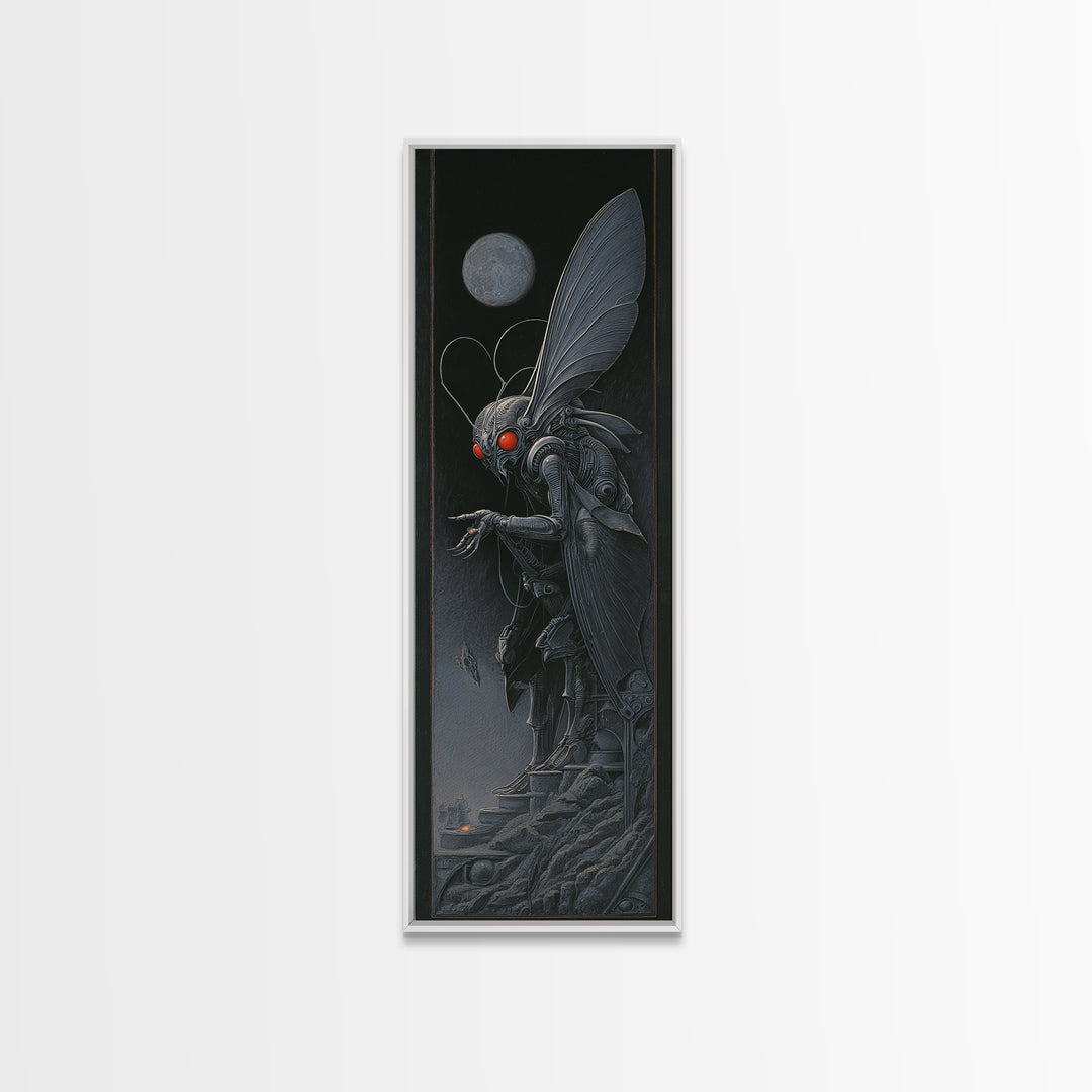 The Red-Eyed Moth Creature, Biomechanical Horror Art, Tall Narrow Wall Art, Macabre Wall Art, Canvas Print, Halloween Wall Art