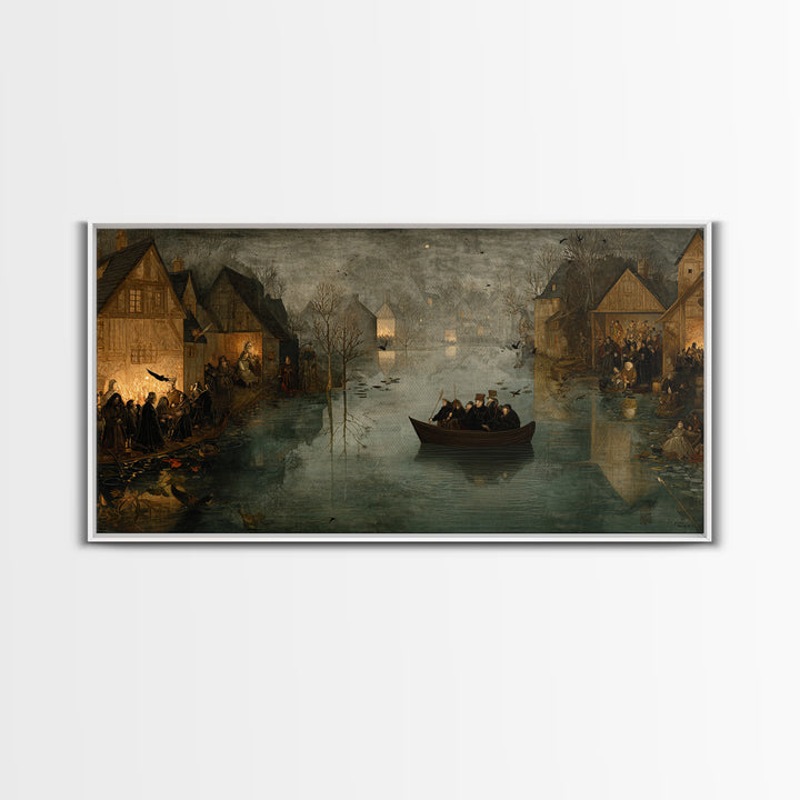 The Lake Phantom, Northern Renaissance Horror, Wide Panoramic Art, Dark Fantasy Wall Art, Framed Canvas Print, Halloween Wall Art