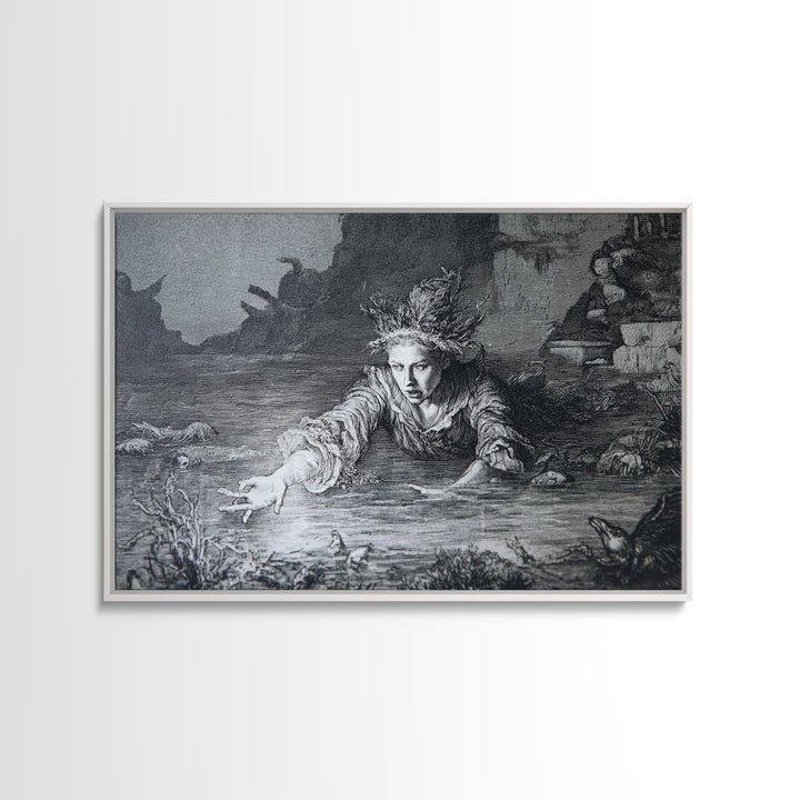 The Lake Phantom, Renaissance Engraving Art, Landscape Wall Art, Macabre Wall Art, Canvas Print, Halloween Wall Art, Halloween Decor