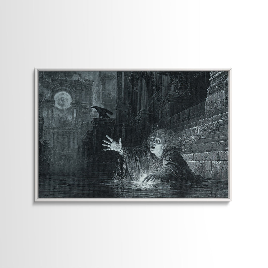 The Lake Phantom, Architectural Etching Art, Landscape Wall Art, Dark Fantasy Wall Art, Canvas Print, Halloween Wall Art