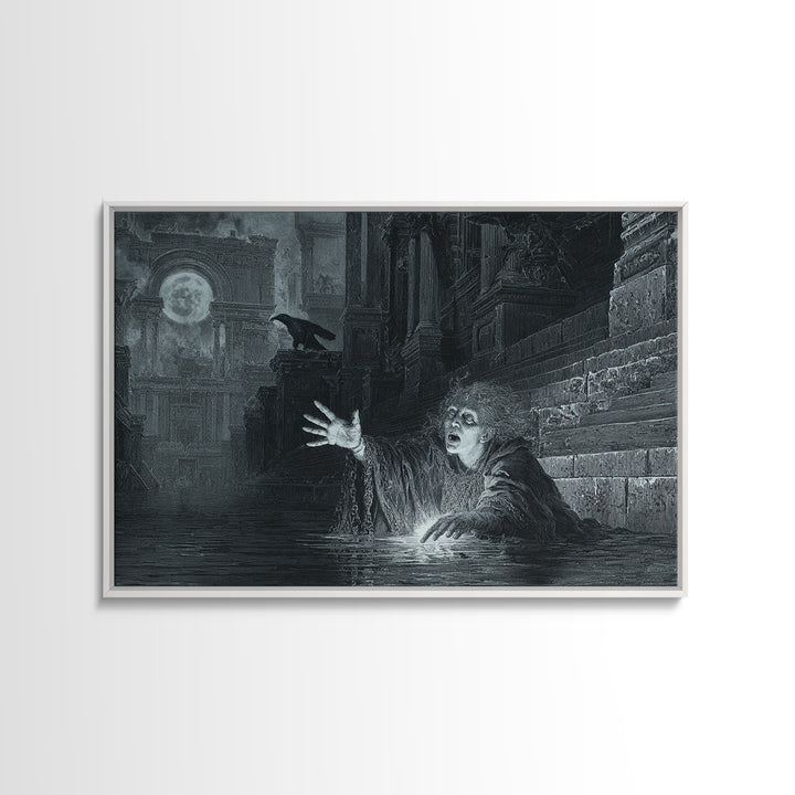 The Lake Phantom, Architectural Etching Art, Landscape Wall Art, Dark Fantasy Wall Art, Canvas Print, Halloween Wall Art