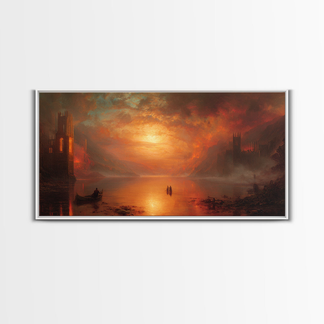 The Lake Phantom, Apocalyptic Romantic Art, Wide Panoramic Art, Gothic Horror Wall Art, Framed Canvas Print, Halloween Wall Art