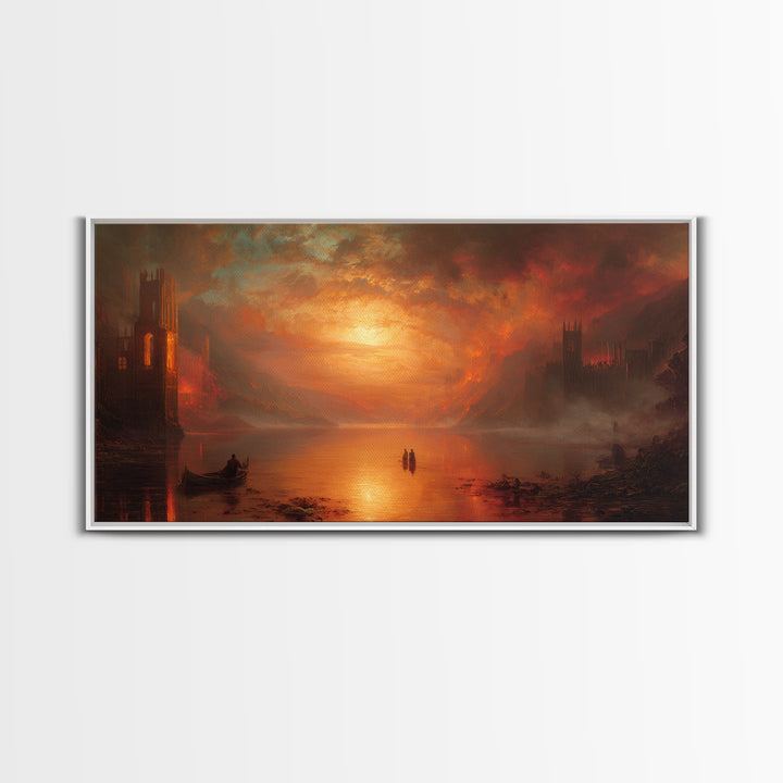 The Lake Phantom, Apocalyptic Romantic Art, Wide Panoramic Art, Gothic Horror Wall Art, Framed Canvas Print, Halloween Wall Art