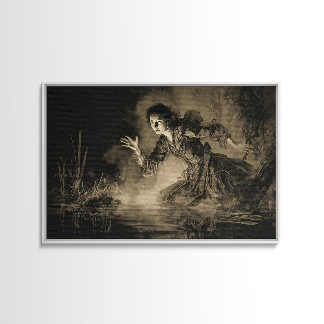 The Lake Phantom, Decadent Gothic Art, Landscape Wall Art, Dark Halloween Decor, Framed Canvas Print, Halloween Wall Art