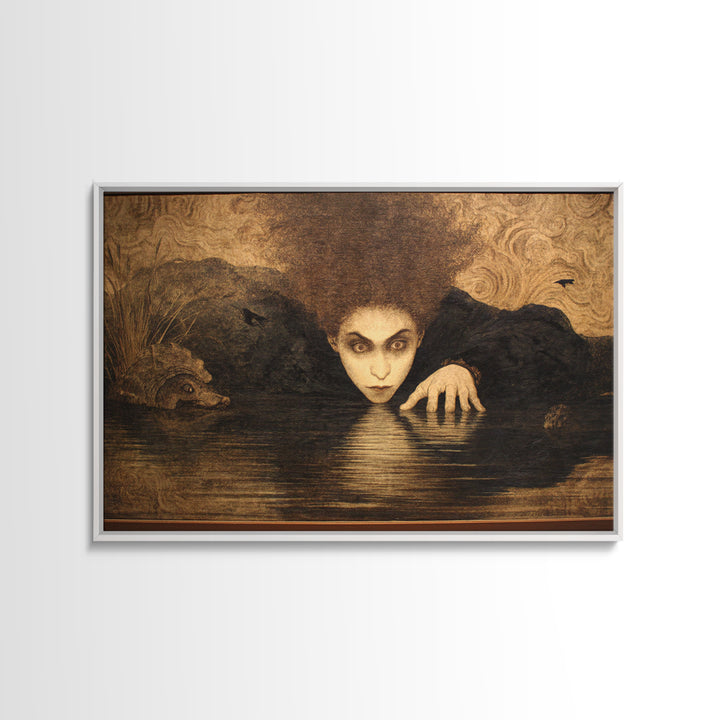 The Lake Phantom, Dark Symbolist Art, Landscape Wall Art, Gothic Horror Wall Art, Framed Canvas Print, Halloween Wall Art
