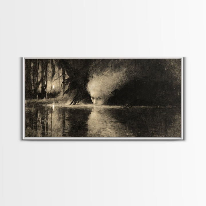 The Lake Phantom, Expressionist Nightmare Art, Wide Panoramic Art, Macabre Wall Art, Canvas Print, Halloween Wall Art, Halloween Decor