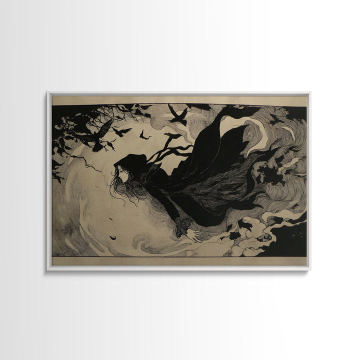 The Lake Phantom, Decadent Line Art, Landscape Wall Art, Dark Halloween Decor, Framed Canvas Print, Halloween Wall Art