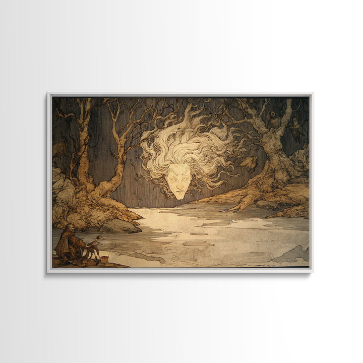 The Lake Phantom, Gothic Storybook Art, Landscape Wall Art, Dark Halloween Decor, Framed Canvas Print, Halloween Wall Art