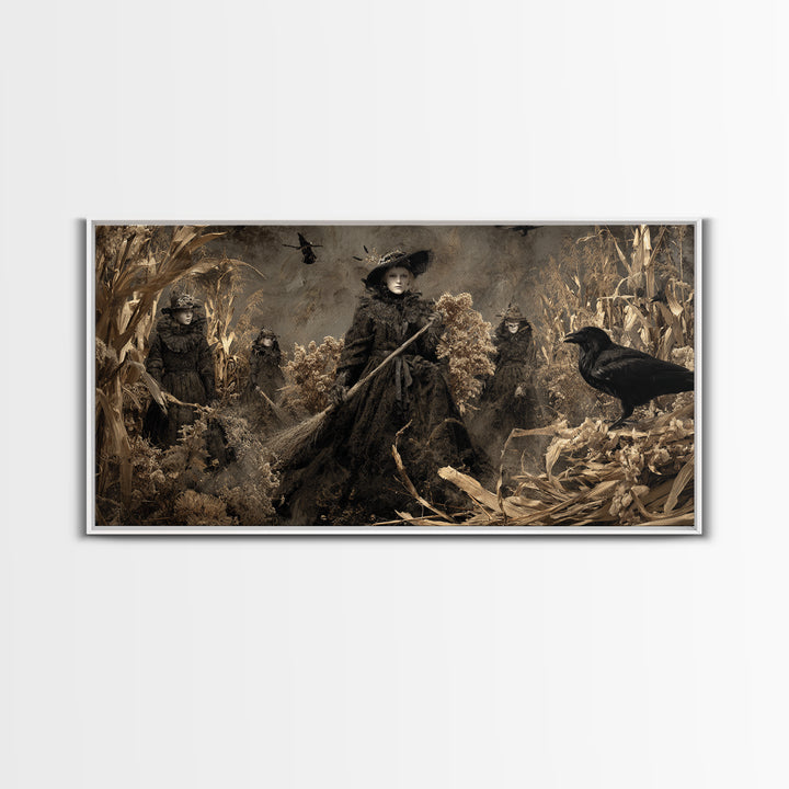 The Salt-Marsh Witch, Northern Renaissance Horror, Wide Panoramic Art, Macabre Wall Art, Framed Canvas Print, Halloween Wall Art