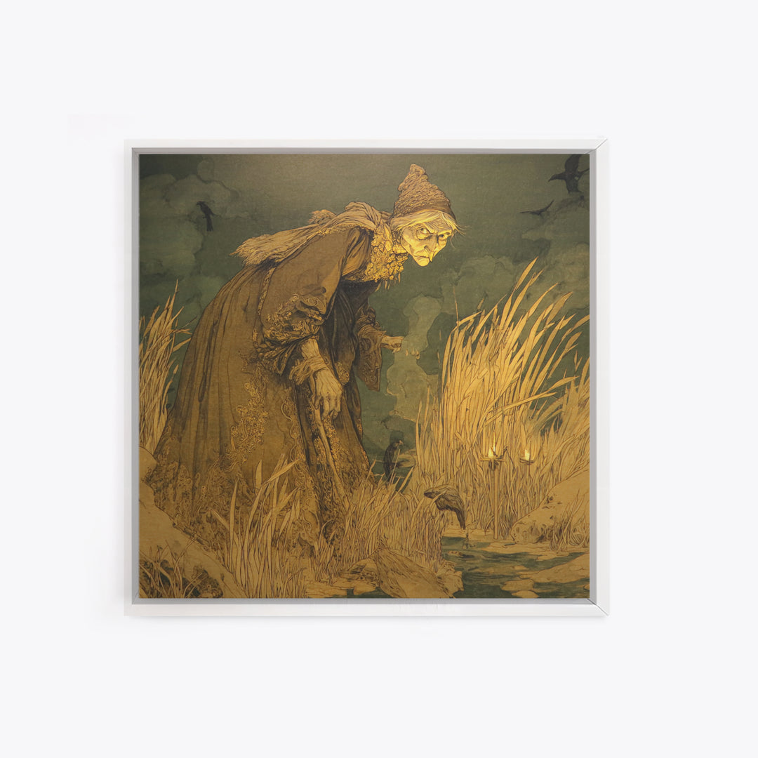 The Salt-Marsh Witch, Symbolist Etching Art, Square Wall Art, Dark Halloween Decor, Framed Canvas Print, Halloween Wall Art