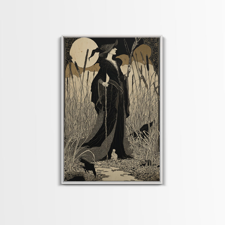 The Salt-Marsh Witch, Decadent Line Art, Vertical Wall Art, Dark Halloween Decor, Framed Canvas Print, Halloween Wall Art
