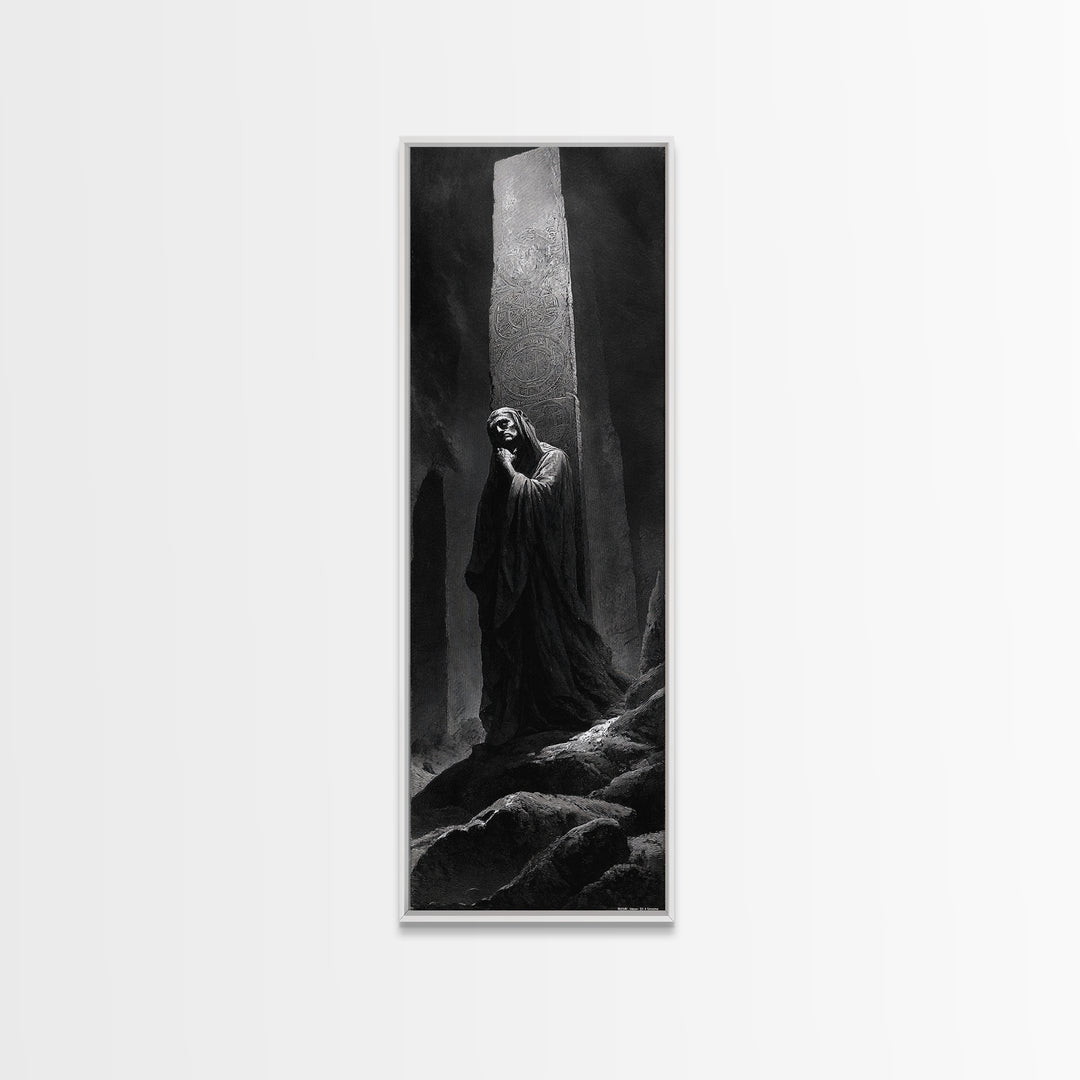 The Stone-Circle Spirit, Gothic Engraving Art, Tall Narrow Wall Art, Macabre Wall Art, Framed Canvas Print, Halloween Wall Art