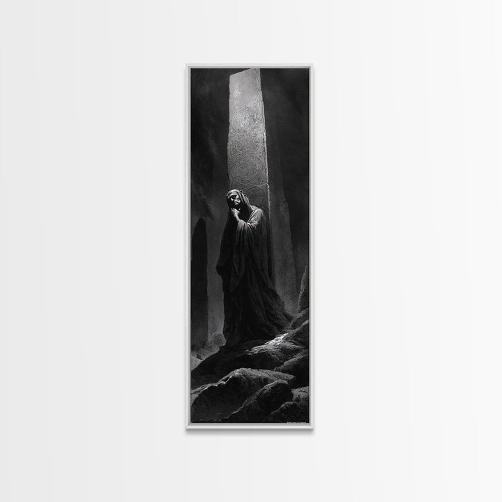The Stone-Circle Spirit, Gothic Engraving Art, Tall Narrow Wall Art, Macabre Wall Art, Framed Canvas Print, Halloween Wall Art