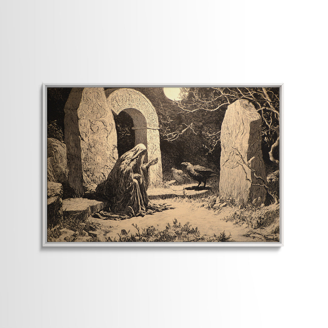 The Stone-Circle Spirit, Symbolist Etching Art, Landscape Wall Art, Macabre Wall Art, Canvas Print, Halloween Wall Art, Gothic Home Decor