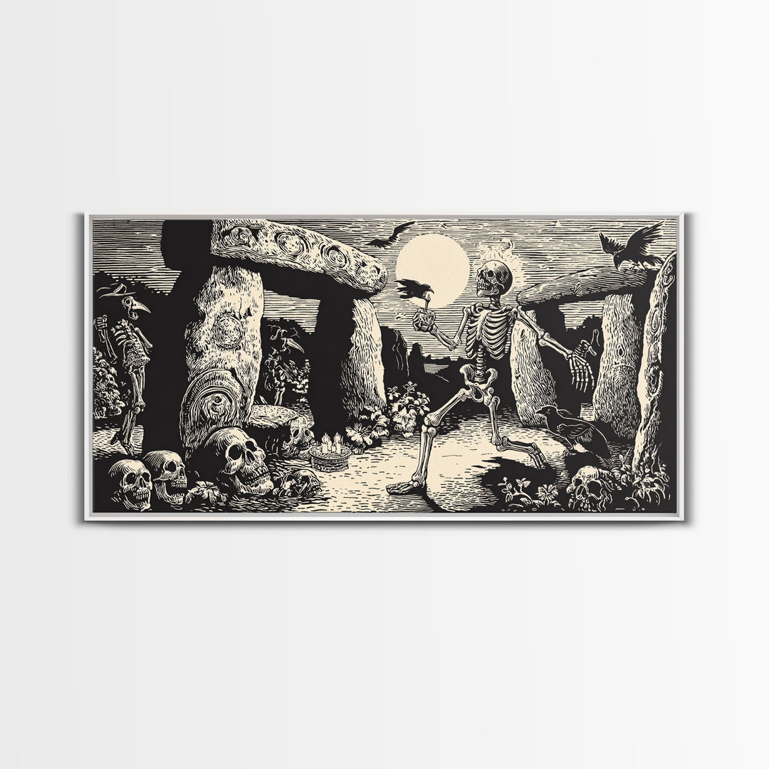 The Stone-Circle Spirit, Macabre Folk Print Art, Wide Panoramic Art, Gothic Horror Wall Art, Framed Canvas Print