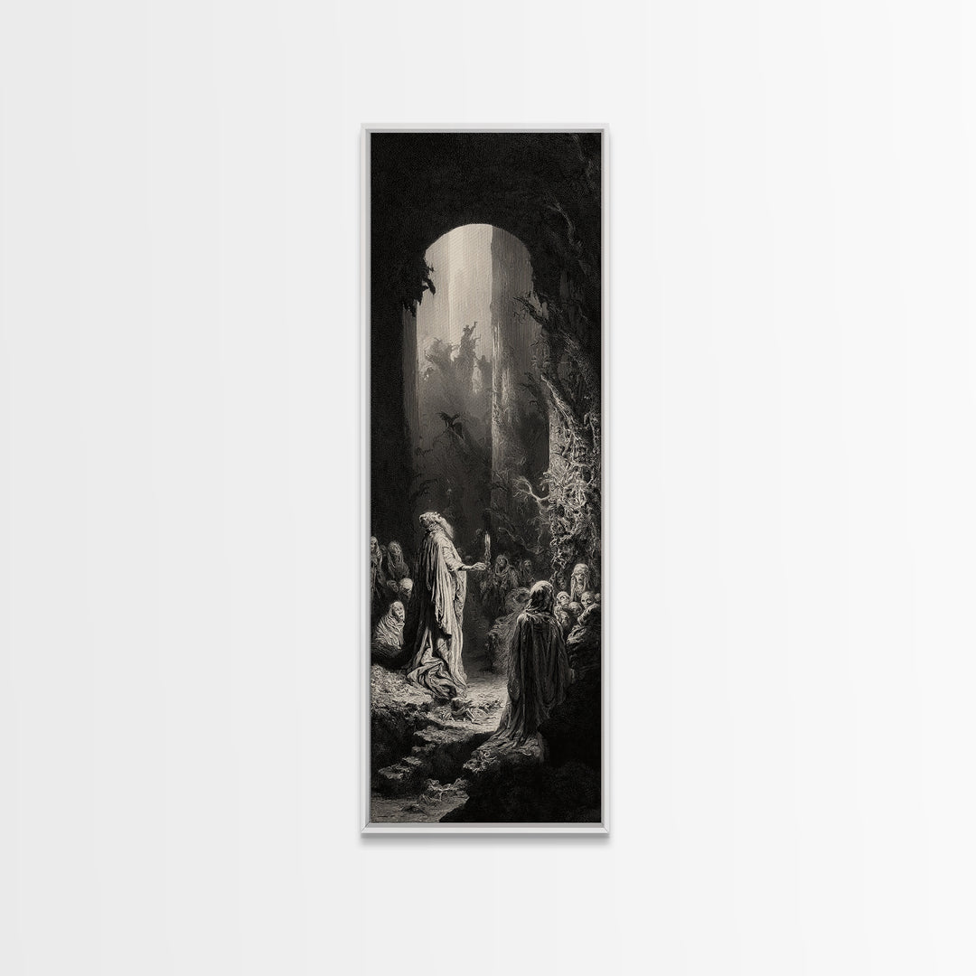 The Cave Oracle, Gothic Engraving Art, Tall Narrow Wall Art, Dark Halloween Decor, Framed Canvas Print, Halloween Wall Art
