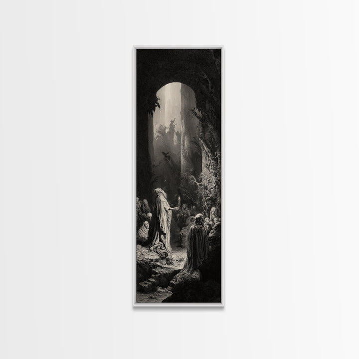 The Cave Oracle, Gothic Engraving Art, Tall Narrow Wall Art, Dark Halloween Decor, Framed Canvas Print, Halloween Wall Art
