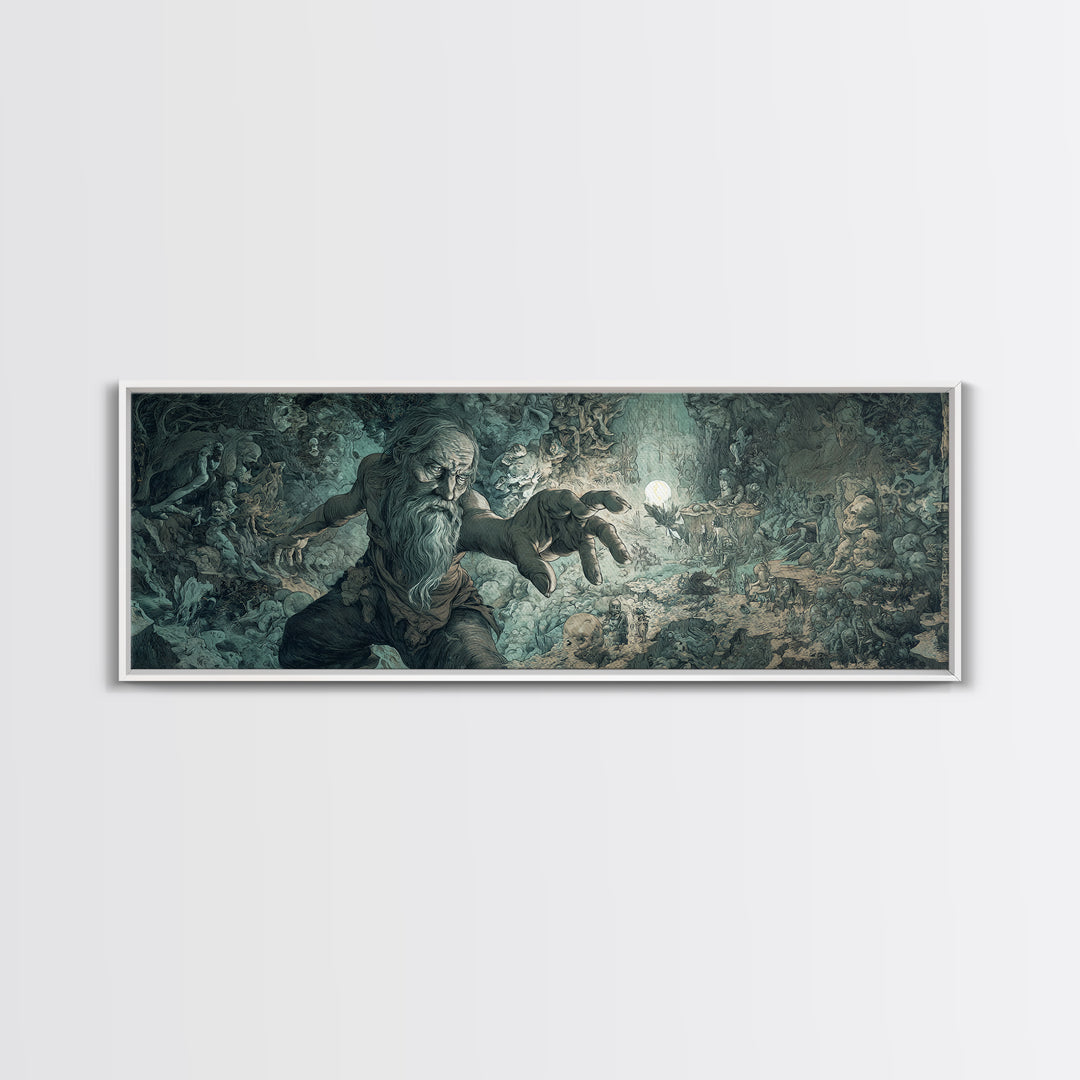 The Cave Oracle, Medieval Grotesque Art, Extra Wide Wall Art, Dark Halloween Decor, Framed Canvas Print, Halloween Wall Art