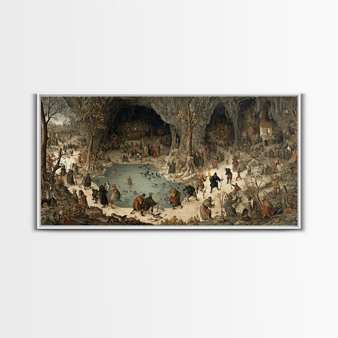 The Cave Oracle, Northern Renaissance Horror, Wide Panoramic Art, Gothic Horror Wall Art, Framed Canvas Print, Halloween Wall Art