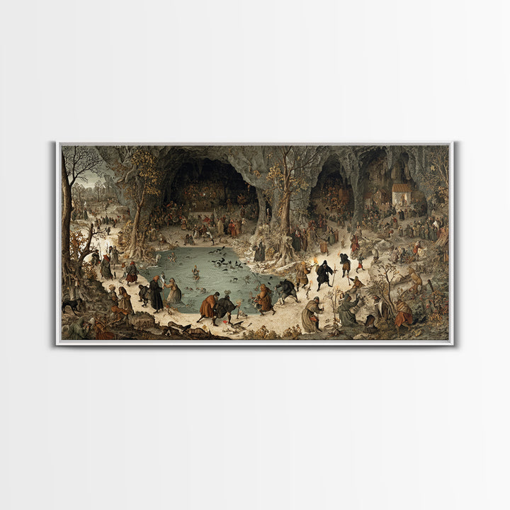 The Cave Oracle, Northern Renaissance Horror, Wide Panoramic Art, Gothic Horror Wall Art, Framed Canvas Print, Halloween Wall Art