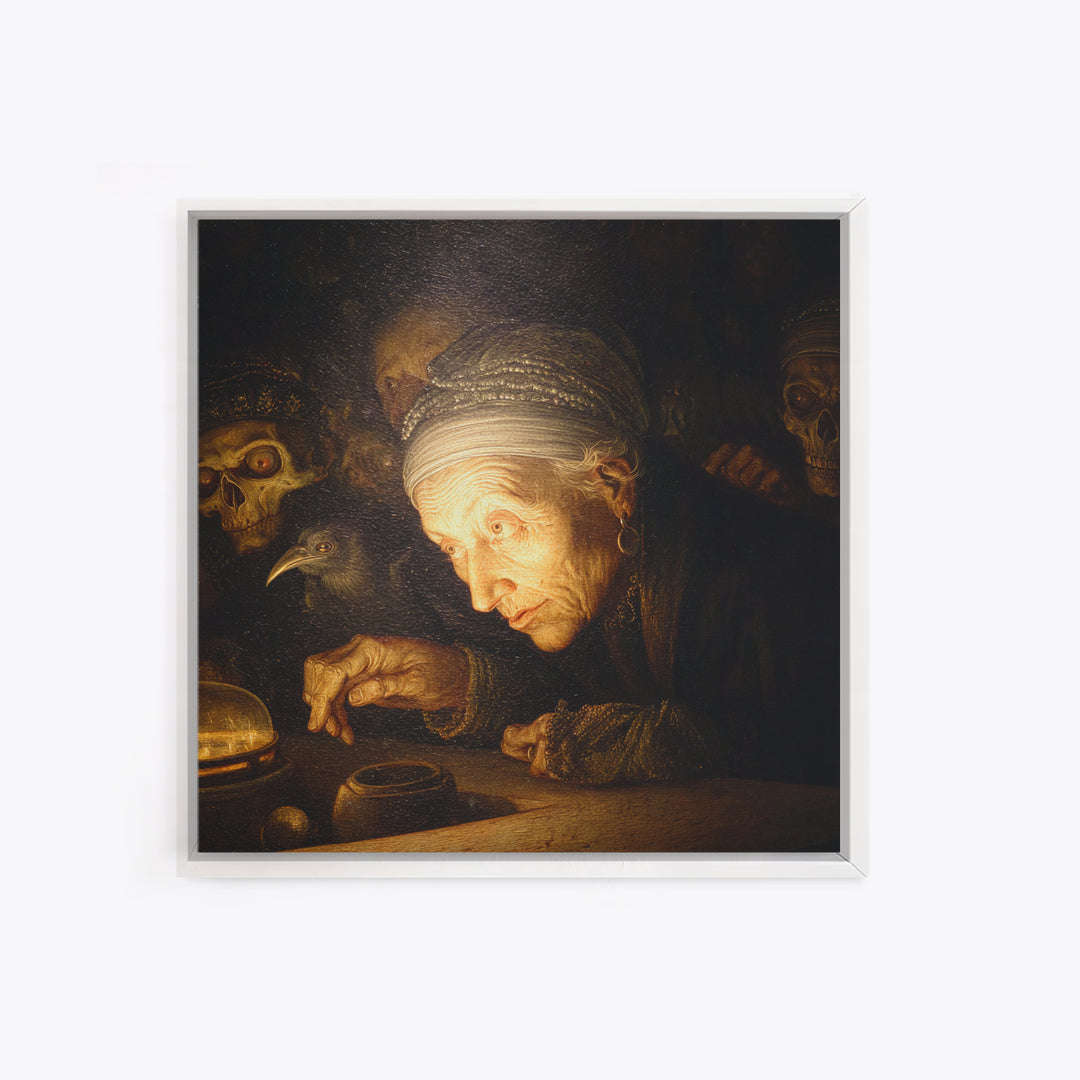 The Cave Oracle, Danse Macabre Art, Square Wall Art, Macabre Wall Art, Framed Canvas Print, Halloween Wall Art