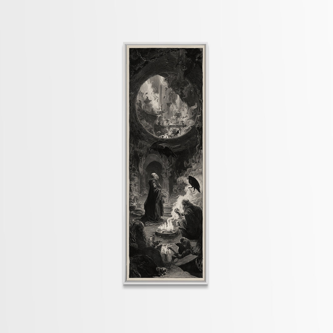 The Cave Oracle, Architectural Etching Art, Tall Narrow Wall Art, Dark Halloween Decor, Framed Canvas Print, Dark Fantasy Art