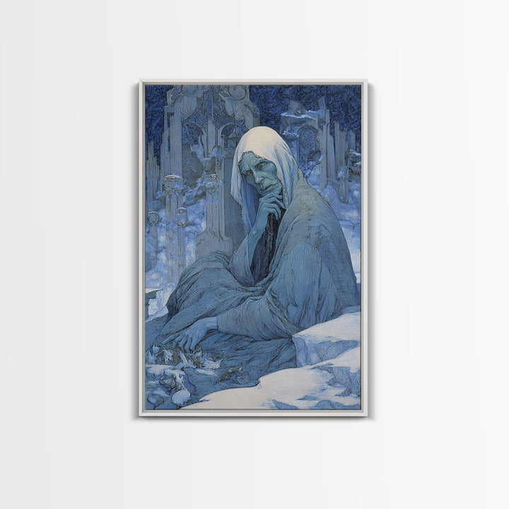 The Cave Oracle, Symbolist Death Art, Vertical Wall Art, Dark Fantasy Wall Art, Framed Canvas Print, Halloween Wall Art