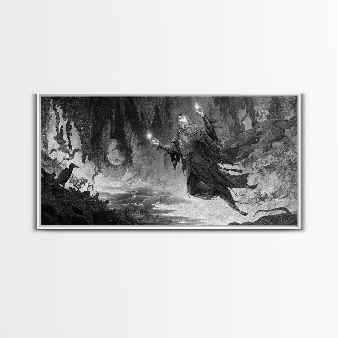 The Cave Oracle, Expressionist Nightmare Art, Wide Panoramic Art, Macabre Wall Art, Framed Canvas Print, Halloween Wall Art, Horror Wall Art