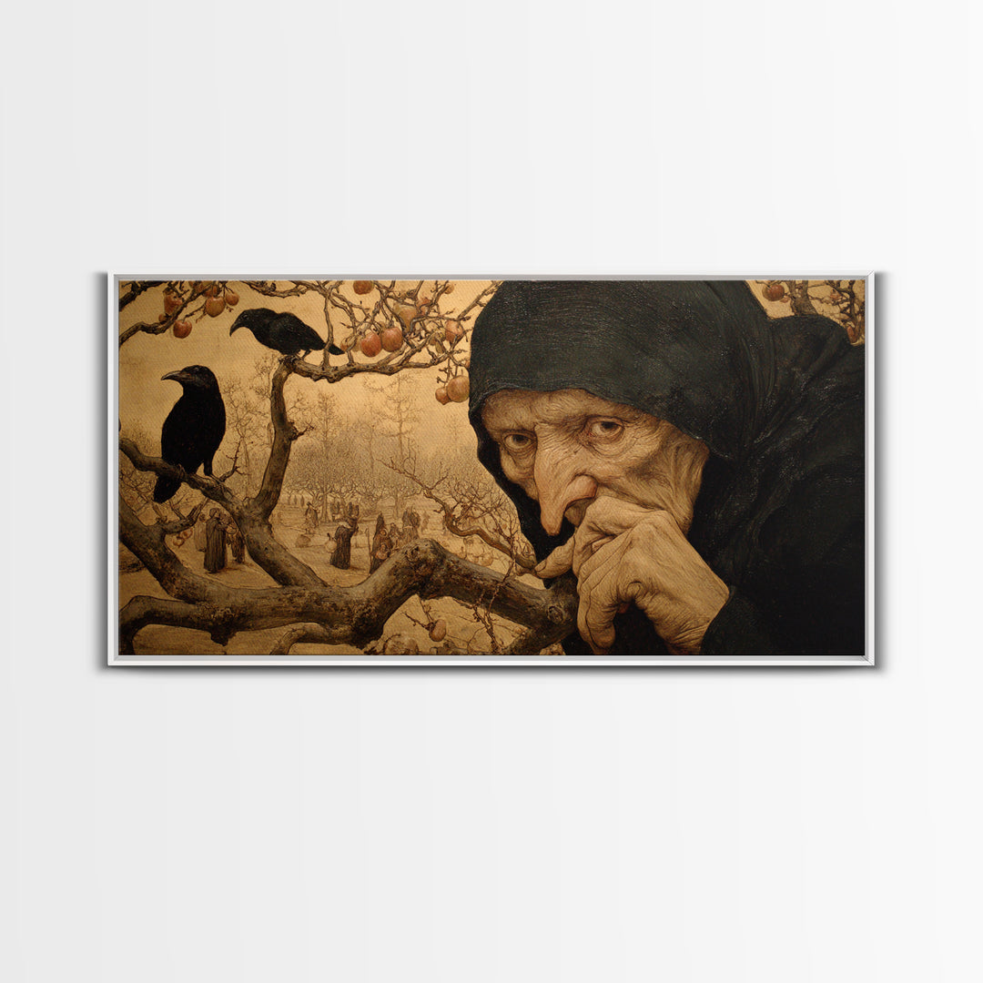 The Orchard Hag, Northern Renaissance Horror, Wide Panoramic Art, Macabre Wall Art, Canvas Print, Halloween Wall Art