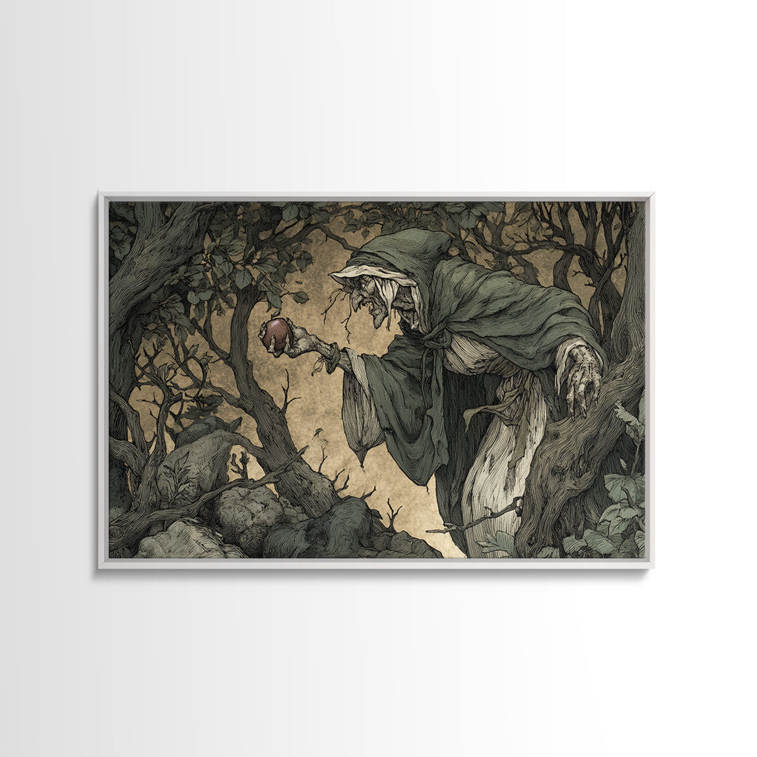 The Orchard Hag, Gothic Storybook Art, Landscape Wall Art, Dark Halloween Decor, Framed Canvas Print, Halloween Wall Art