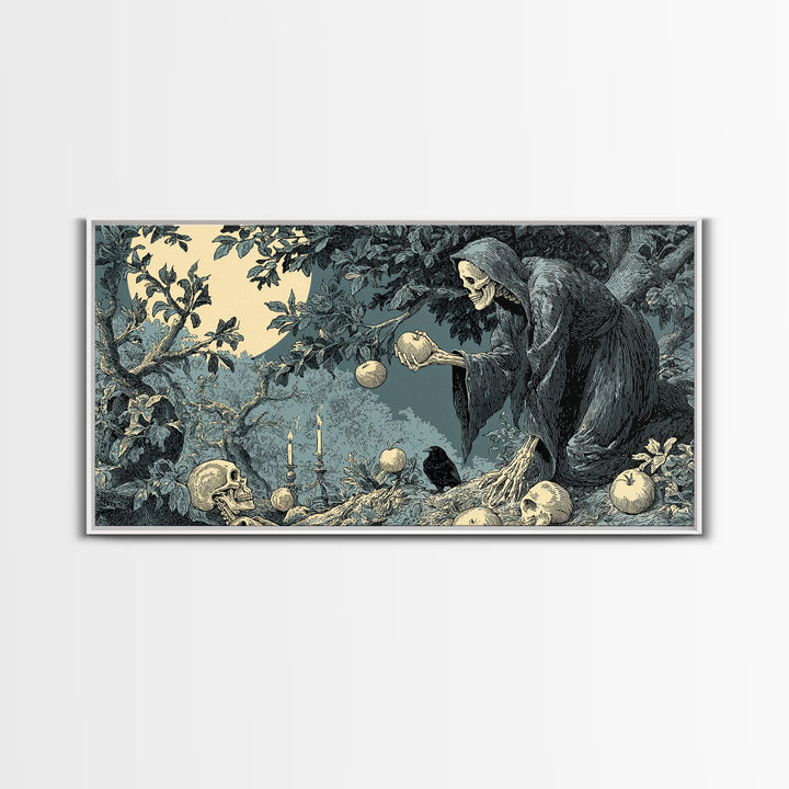 The Orchard Hag, Macabre Folk Print Art, Wide Panoramic Art, Macabre Wall Art, Canvas Print, Halloween Wall Art