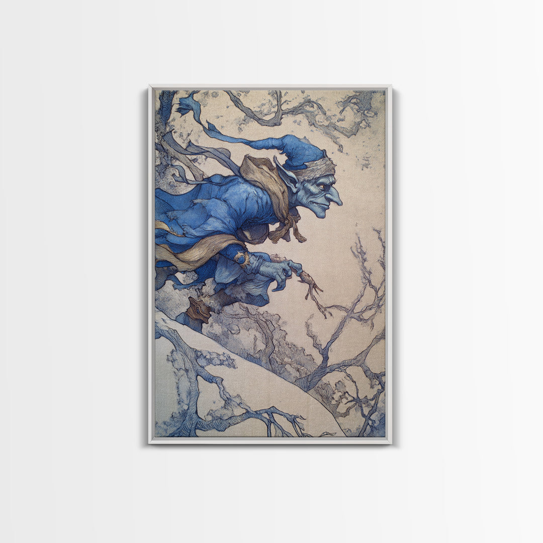 The Frost Goblin, Gothic Storybook Art, Vertical Wall Art, Dark Halloween Decor, Framed Canvas Print, Halloween Wall Art