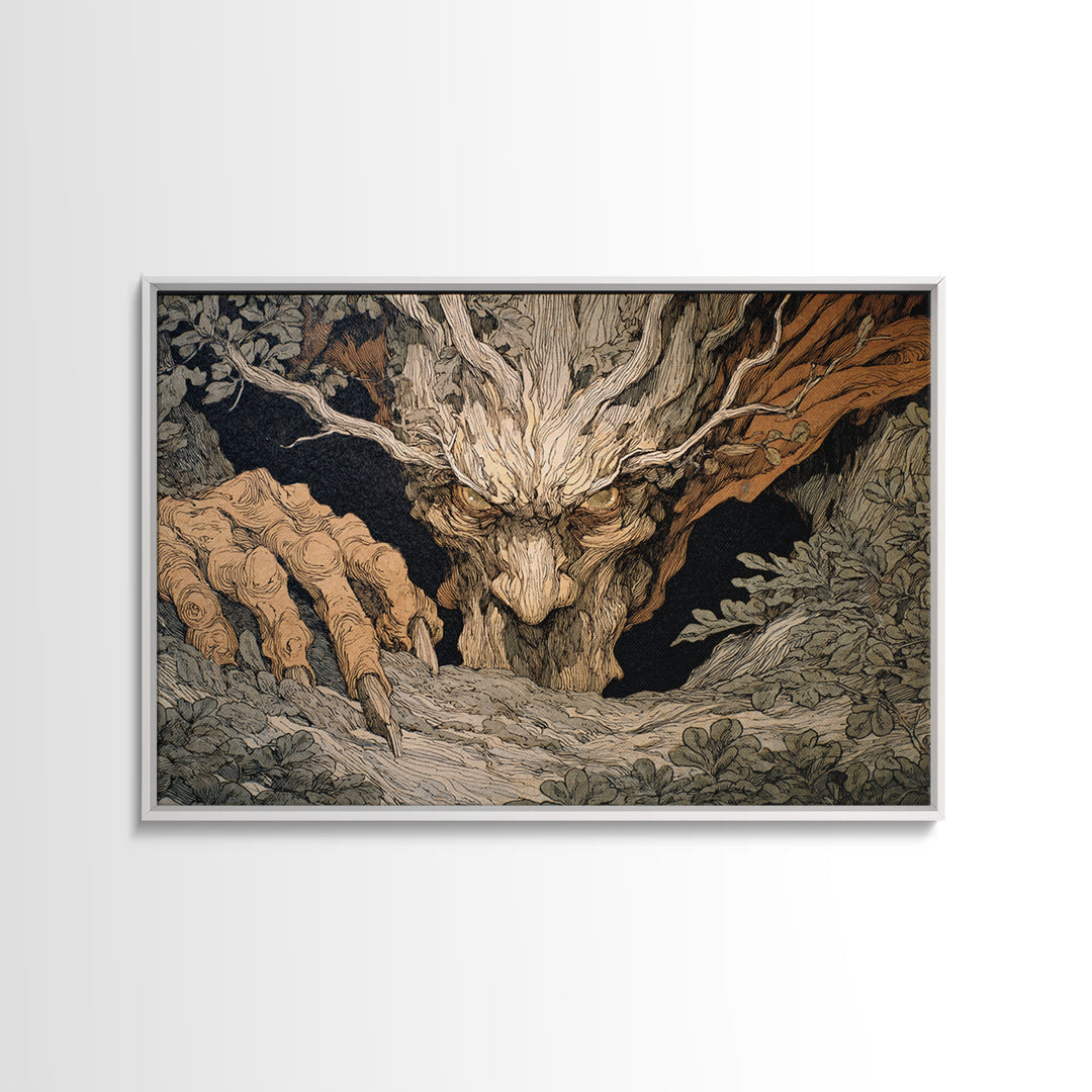 The Hollow-Tree Monster, Gothic Storybook Art, Landscape Wall Art, Dark Halloween Decor, Framed Canvas Print, Halloween Wall Art