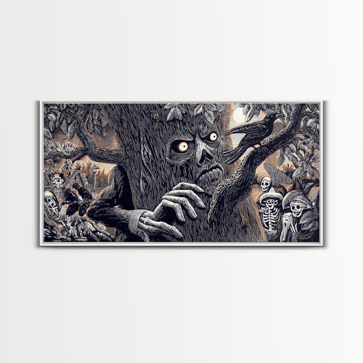 The Hollow-Tree Monster, Macabre Folk Print Art, Wide Panoramic Art, Macabre Wall Art, Framed Canvas Print, Halloween Wall Art