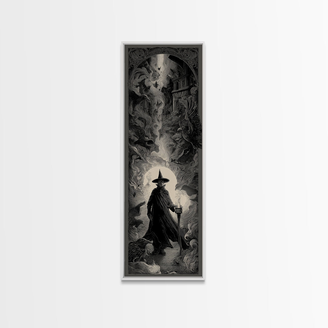 The Crossroads Spirit, Gothic Engraving Art, Tall Narrow Wall Art, Dark Halloween Decor, Framed Canvas Print, Halloween Wall Art